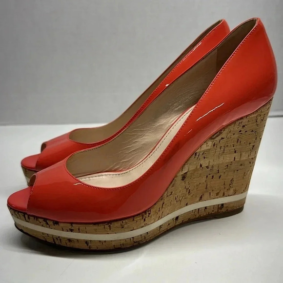 Prada Heels Peep Toe Wedges Espadrilles Cork Pump Shoes Coral Pink Size 38 US 8 - Picture 4 of 11